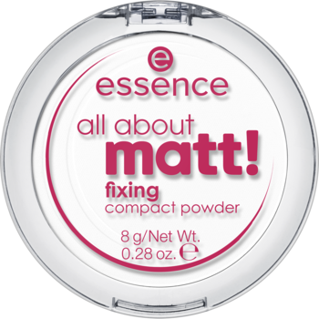 Okrągły biały puder Essence All About Matt! fixing compact powder, widok z góry, różowy napis.