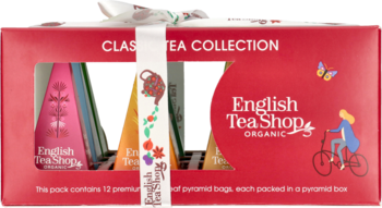 English Tea Shop Organic Classic Tea Collection w czerwonym pudełku z wstążką, widok z przodu, piramidki herbat.