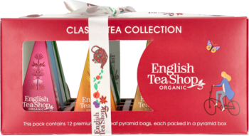 English Tea Shop Organic Classic Tea Collection w czerwonym pudełku z wstążką, widok z przodu, piramidki herbat.