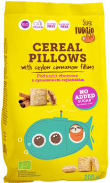 Żółte opakowanie Super Fudgio Cereal Pillows z cynamonem cejlońskim, bez dodatku cukru, widok z przodu.