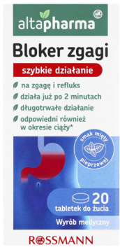 Biało-zielone pudełko Altapharma Bloker zgagi, 20 tabletek do żucia o smaku mięty pieprzowej, widok z przodu.