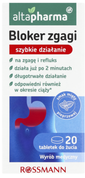 Biało-zielone pudełko Altapharma Bloker zgagi, 20 tabletek do żucia o smaku mięty pieprzowej, widok z przodu.