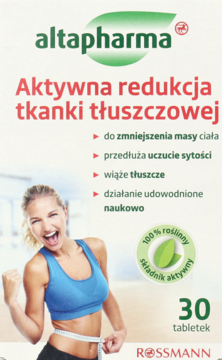 Białe opakowanie Altapharma Aktywna redukcja tkanki tłuszczowej, 30 tabletek, z uśmiechniętą kobietą, widok z przodu.