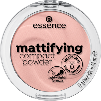 Puder matujący Essence Mattifying Compact Powder 10 light beige, w okrągłym białym opakowaniu, z tekstem, widok z góry.