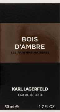 Pudełko perfum Karl Lagerfeld Bois D'Ambre Eau de Toilette 50ml, czarno-brązowe, widok z przodu.