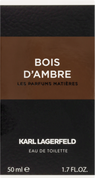 Karl Lagerfeld Bois D'Ambre woda toaletowa 50ml, czarno-brązowe pudełko z białymi napisami, widok z przodu.