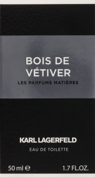 Karl Lagerfeld Bois de Vétiver Eau de Toilette w czarnym pudełku, z szarym pasem i białymi napisami, widok z przodu.