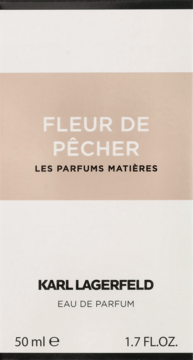 Białe pudełko perfum Karl Lagerfeld Fleur De Pêcher Eau De Parfum 50ml, z beżowym pasem i napisami, widok z przodu.