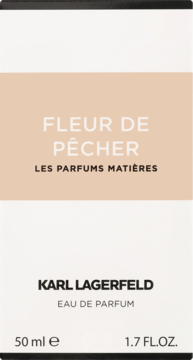 Karl Lagerfeld Fleur De Pêcher woda perfumowana, białe opakowanie z beżowym pasem, widok z przodu.