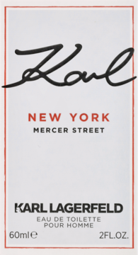 Przedni widok białego pudełka Karl Lagerfeld New York Mercer Street EDT z czarnym napisem 'Karl' i czerwonym 'NEW YORK'.