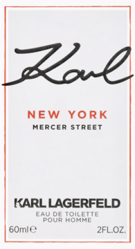 Białe opakowanie męskiej wody Karl Lagerfeld New York Mercer Street 60ml, z czarnym logo 'Karl' i czerwoną nazwą.