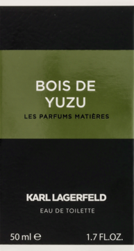 Karl Lagerfeld Bois de Yuzu Eau de Toilette 50ml w czarnym pudełku z zielonym paskiem, widok z przodu.