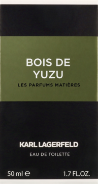 Pionowe pudełko perfum Karl Lagerfeld Bois De Yuzu Eau de Toilette, czarne z oliwkowym pasem i białym tekstem.