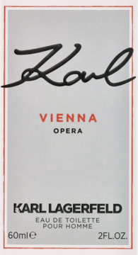 Szare opakowanie wody toaletowej Karl Lagerfeld Vienna Opera, z dużym czarnym napisem Karl i czerwonym Vienna.