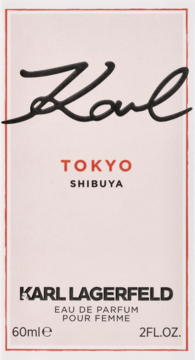Damska woda perfumowana Karl Lagerfeld Tokyo Shibuya, białe pudełko z logo Karl i czerwonymi napisami, widok z przodu.