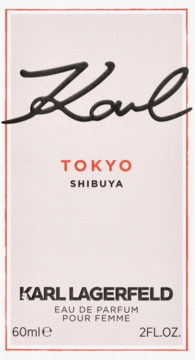 Białe opakowanie perfum Karl Lagerfeld Tokyo Shibuya dla kobiet, widok z przodu, z czarnym napisem Karl i czerwoną ramką.