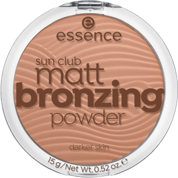 Okrągły puder brązujący Essence Sun Club Matt do ciemniejszej karnacji, z falistym wzorem, widok z góry.