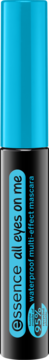 Tusz Essence All Eyes On Me Waterproof Multi-Effect w czarnej tubce z turkusową etykietą, widok z przodu.
