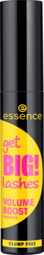 Tusz Essence Get BIG! lashes Volume Boost, czarna butelka z żółtą etykietą, widok z przodu.