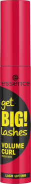 Tusz Essence Get Big Lashes Volume Curl, czerwona tubka z czarną etykietą i żółtym napisem, widok z przodu.