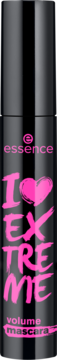 Czarna tuba tuszu Essence I Love Extreme Volume Mascara z różowym napisem I❤️EXTREME, widok z przodu.