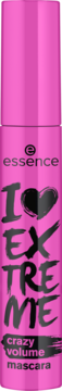 Różowa tubka pogrubiającego tuszu Essence I Love Extreme Crazy Volume z czarnym sercem i napisem, widok z przodu.