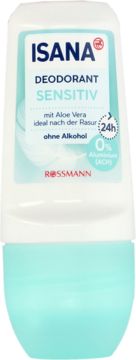 Biały dezodorant roll-on Isana Sensitiv z aloesem, 24h, bez alkoholu, niebieskie akcenty, widok z przodu.