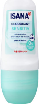 Biały dezodorant roll-on Isana Sensitiv z aloesem, 0% aluminium, idealny po goleniu. Zielono-biała etykieta. Widok z przodu.