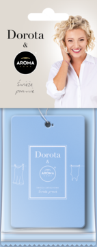 Niebieska zawieszka zapachowa Dorota & Aroma Home "Świeże pranie" w opakowaniu, z wizerunkiem Doroty.
