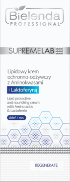 Białe pudełko kremu Bielenda Supremelab z lipidami, aminokwasami i laktoferyną, widok z przodu, niebieskie wzory.