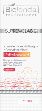 Bielenda Supremelab krem z peptydem miedzi i polinukleotydami w białym opakowaniu, z przodu, z wzorem plastra miodu.