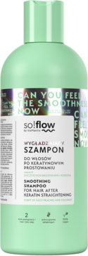 Zielony szampon so!flow do włosów po keratynowym prostowaniu, z wegańską keratyną, widok z przodu.