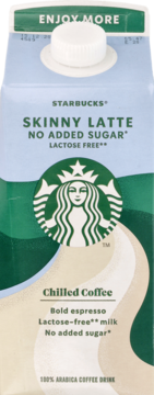 Starbucks Skinny Latte No Added Sugar Lactose Free Chilled Coffee carton, front. Green, blue, cream design.