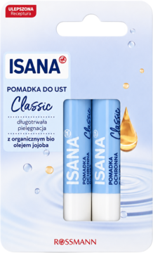 Dwie pomadki ISANA Classic do ust z bio olejem jojoba w błękitnym blistrze, widok z przodu.
