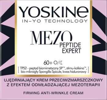Różowo-złote pudełko YOSKINE MEZO PEPTIDE EXPERT 60+ ujędrniającego kremu przeciwzmarszczkowego, widok z przodu.