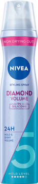 Biały lakier do włosów NIVEA Diamond Volume w aerozolu, widok z przodu. Zapewnia 24H utrwalenia, 0% silikonu.