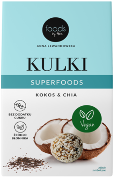 Opakowanie Foods by Ann Kulki Superfoods Kokos & Chia, biało-błękitne, z grafiką kokosa, nasion chia i kulki, napis Vegan.