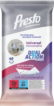 Presto Professional Dual Action wet wipes, 40 sztuk, w srebrno-fioletowo-różowym opakowaniu, widok z przodu.