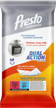 Presto Professional nawilżane ściereczki dual action do kuchni, 40 sztuk, szaro-czerwone opakowanie, przód.