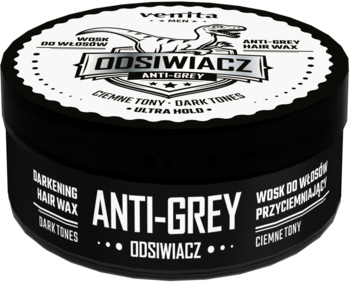 Czarny wosk do włosów Venita Men Anti-Grey Odsiwiacz, widok z góry i boku, z logo dinozaura na białej etykiecie.