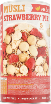 Musli Strawberry Pie Mixit, czerwona puszka, widoczne suszone truskawki, ciasteczka i orzechy.