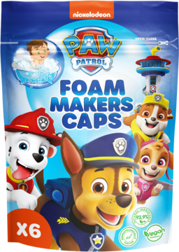 Niebieska saszetka Paw Patrol Foam Makers Caps, pianotwory do kąpieli, z Chase'em, Marshallem i Skye, widok z przodu.