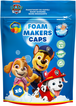 Kapsułki do kąpieli Paw Patrol w niebieskim opakowaniu. Widok z przodu z Chasem, Skye, Marshallem i napisem FOAM MAKERS CAPS, 6 sztuk.