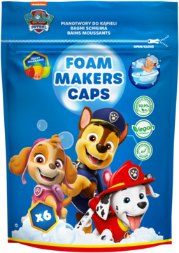 Kapsułki do kąpieli Paw Patrol w niebieskim opakowaniu. Widok z przodu z Chasem, Skye, Marshallem i napisem FOAM MAKERS CAPS, 6 sztuk.