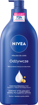 NIVEA Odżywcze Mleczko do ciała 72h nawilżenia, niebieska butelka z pompką, widok z przodu.