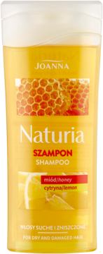 Żółty szampon Joanna Naturia Miód i Cytryna do włosów suchych i zniszczonych, widok z przodu.