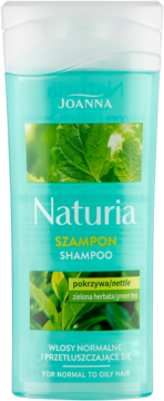 Naturia szampon Joanna z pokrzywą i zieloną herbatą dla włosów normalnych i tłustych, turkusowa butelka.