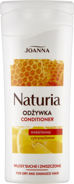 White bottle of Joanna Naturia conditioner, honey and lemon, for dry and damaged hair, front view.