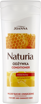 White bottle of Joanna Naturia conditioner, honey and lemon, for dry and damaged hair, front view.