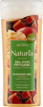 Wegański żel pod prysznic Joanna Naturia Mango i Papaja w pomarańczowej butelce z etykietą przedstawiającą owoce, widok z przodu.